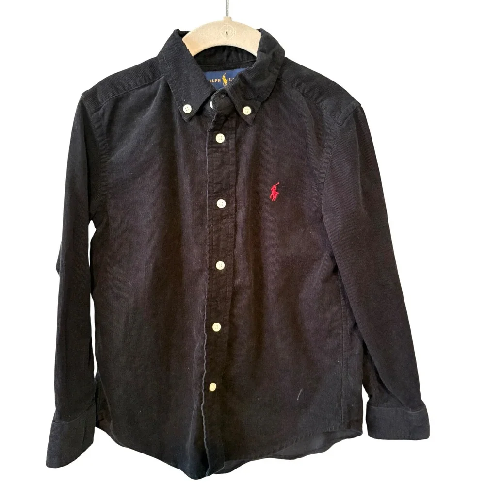 Ralph Lauren Boy's Black Cotton Corduroy Long Sleeved Button Front Shirt Size 5